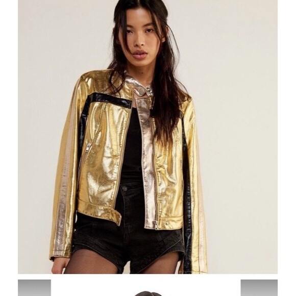 We The Free Free People Fast Lane Metallic Gold Vegan Leather Moto Jacket Small - Picture 1 of 16